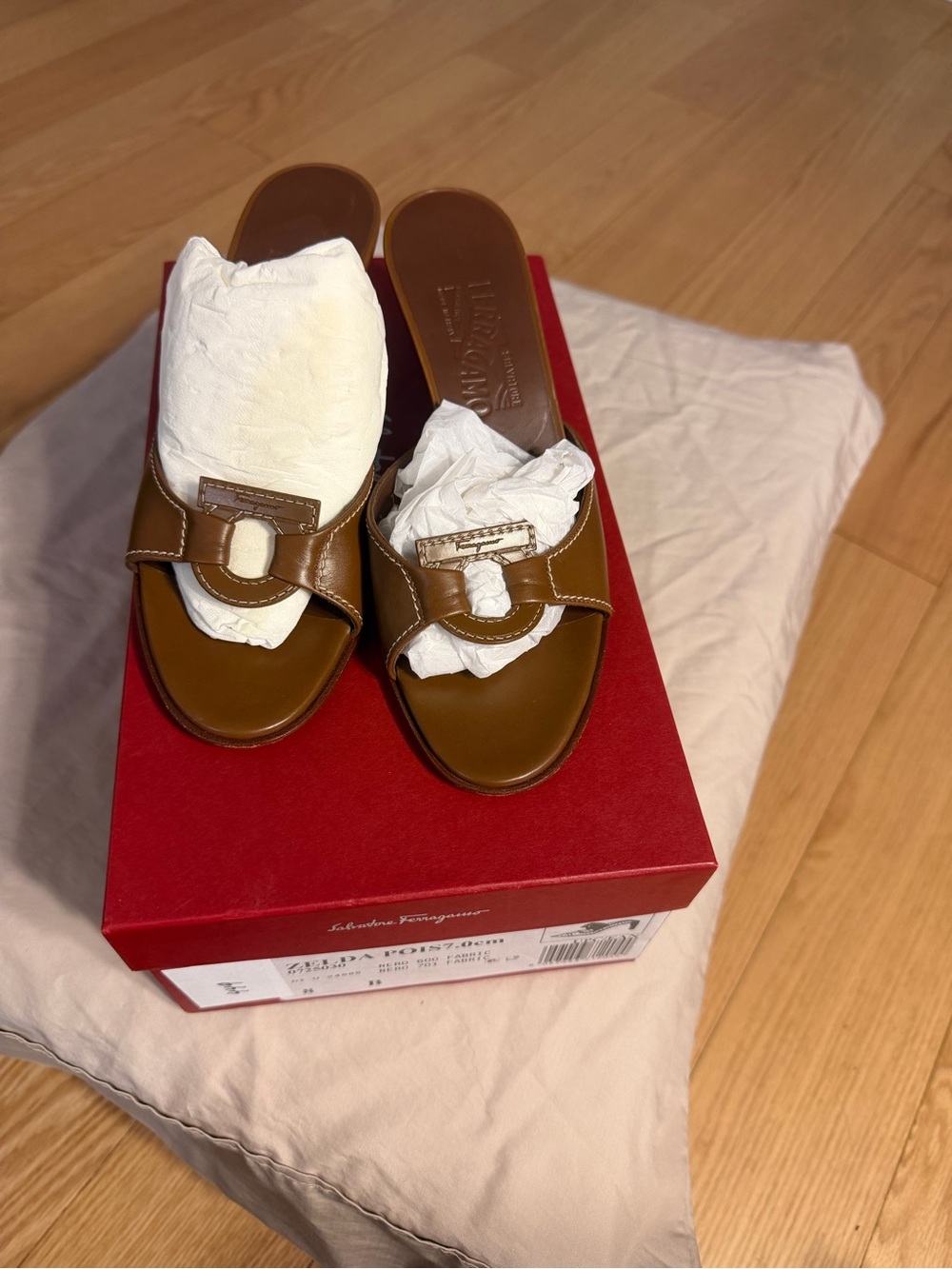 Salvatore Ferragamo Tan Brown Leather Slide Mules with Gold Buckle
